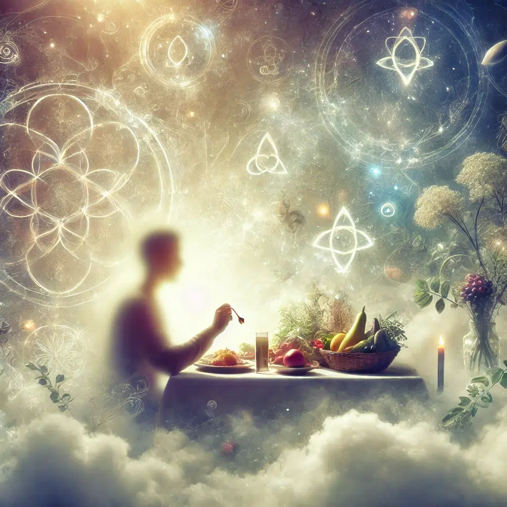 Ilustrasi seseorang sedang makan di meja mewah dalam suasana mimpi dengan cahaya mistis.