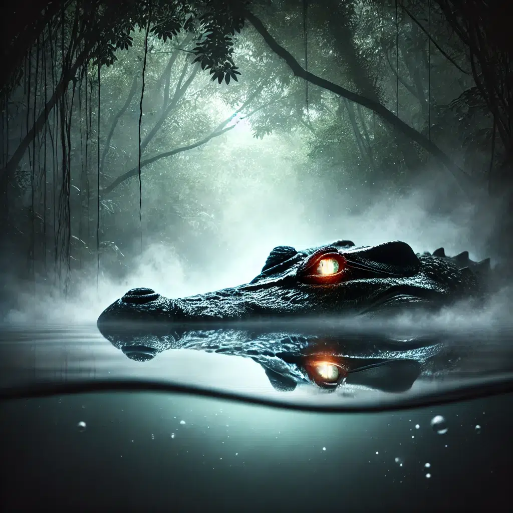 Ilustrasi buaya di rawa gelap dengan mata yang bersinar tajam, mencerminkan makna tersembunyi di balik arti mimpi buaya.