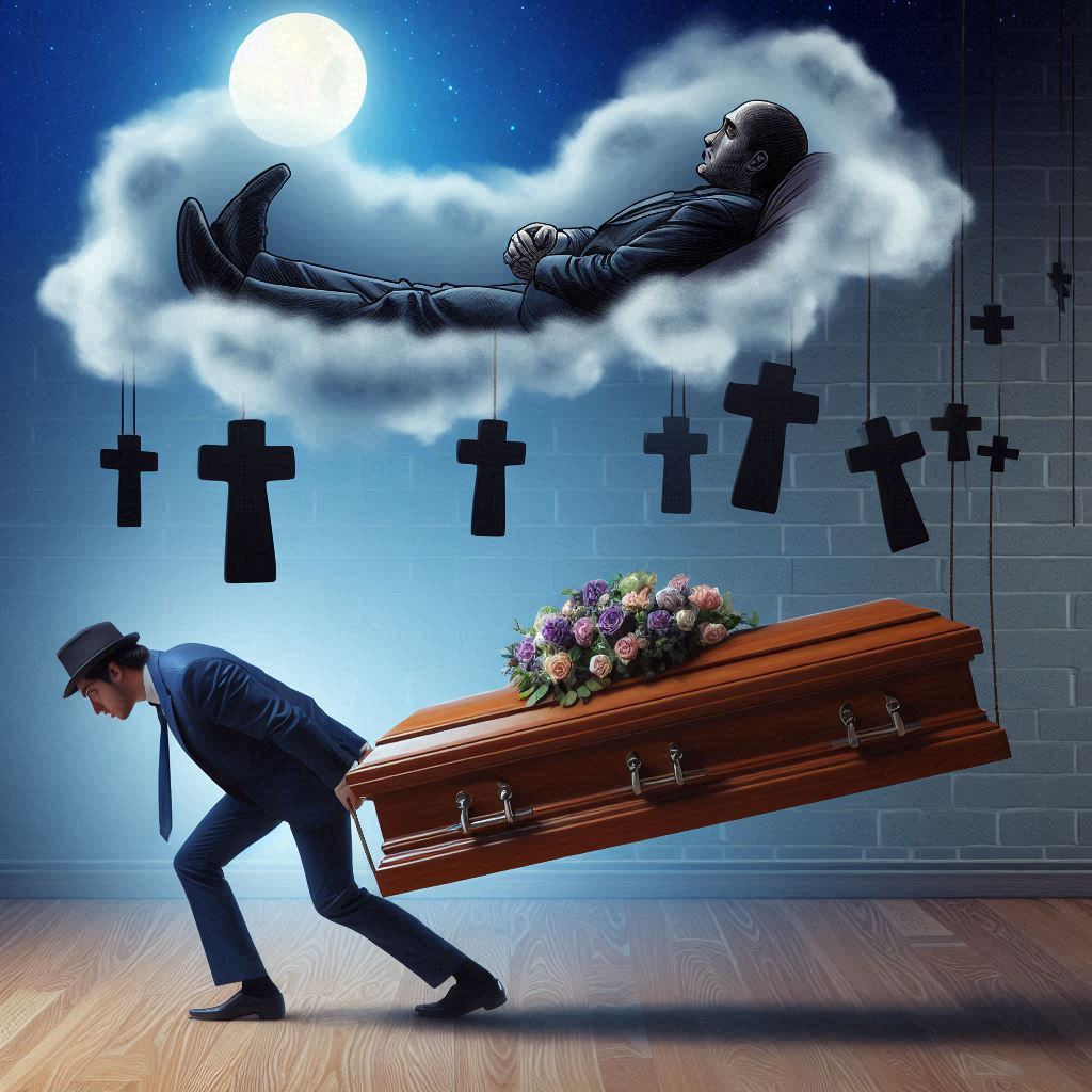 "Ilustrasi yang menggambarkan berbagai pandangan tentang mimpi kematian menurut budaya, spiritual, dan psikologi."