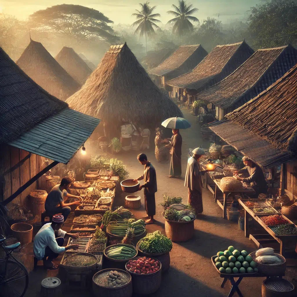 Pasar tradisional Jawa dengan para pedagang memulai usaha di pagi hari, berlatar belakang pedesaan dengan gubuk bambu dan hasil bumi lokal.