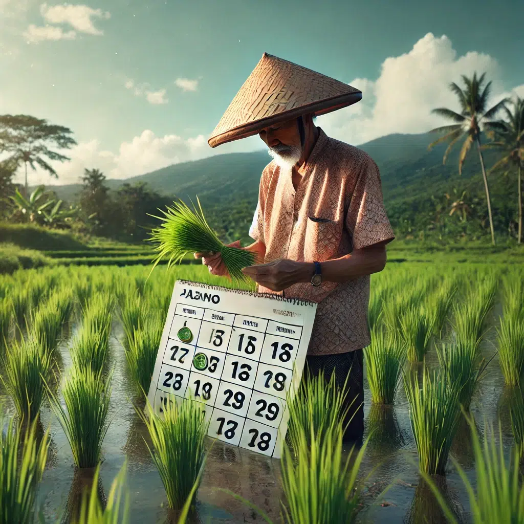 Seorang petani tradisional Jawa di sawah hijau yang subur, memeriksa kalender Jawa untuk menentukan hari terbaik menanam padi berdasarkan Nogo Dino, mengenakan topi conical dan pakaian tradisional pertanian.