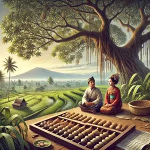 Ilustrasi tradisional perhitungan Weton Jawa, menunjukkan pasangan duduk di bawah pohon besar dengan latar belakang pedesaan yang indah.