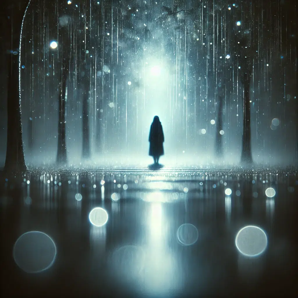 Pemandangan malam yang misterius dengan hujan turun, seorang sosok berdiri di bawah hujan, diterangi oleh cahaya bulan yang lembut.